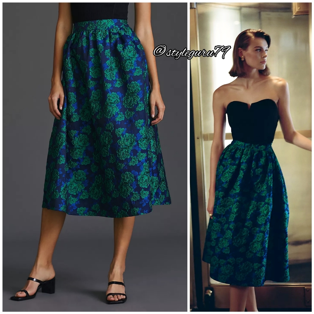 Anthropologie Blue and Green Floral Skirt